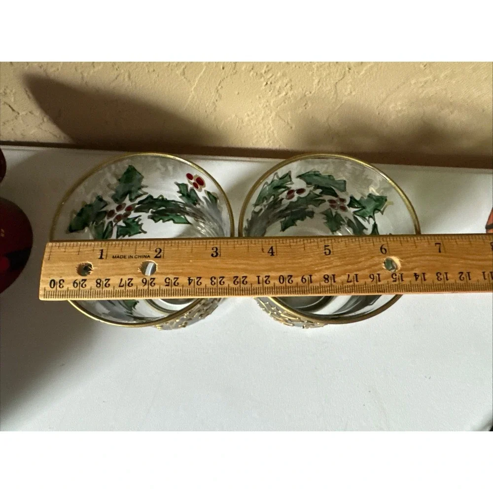 Fifth Avenue Crystal Votives Set of 2 Holly Berry Christmas Decor 4.5 Inches